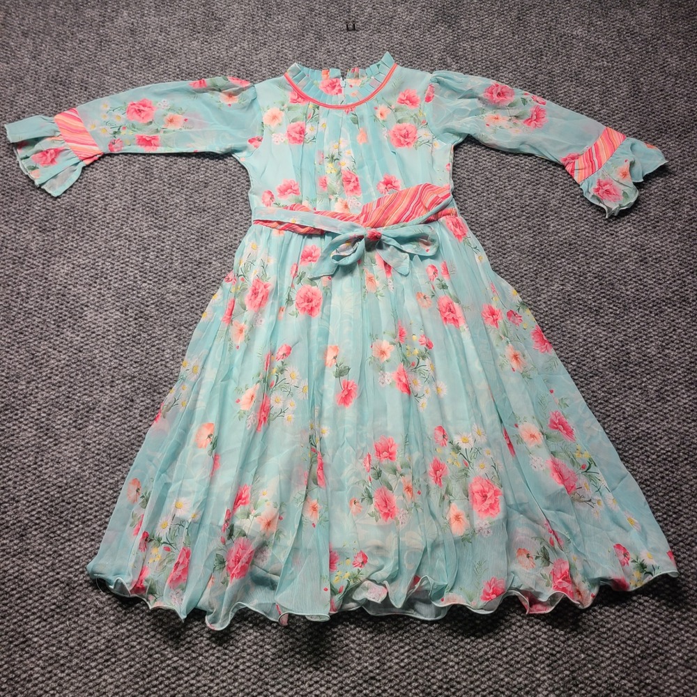 Mini Magic Girls Blue Pink Floral Chiffon Dress Size 28 70cm Pleated Ruffle Bell